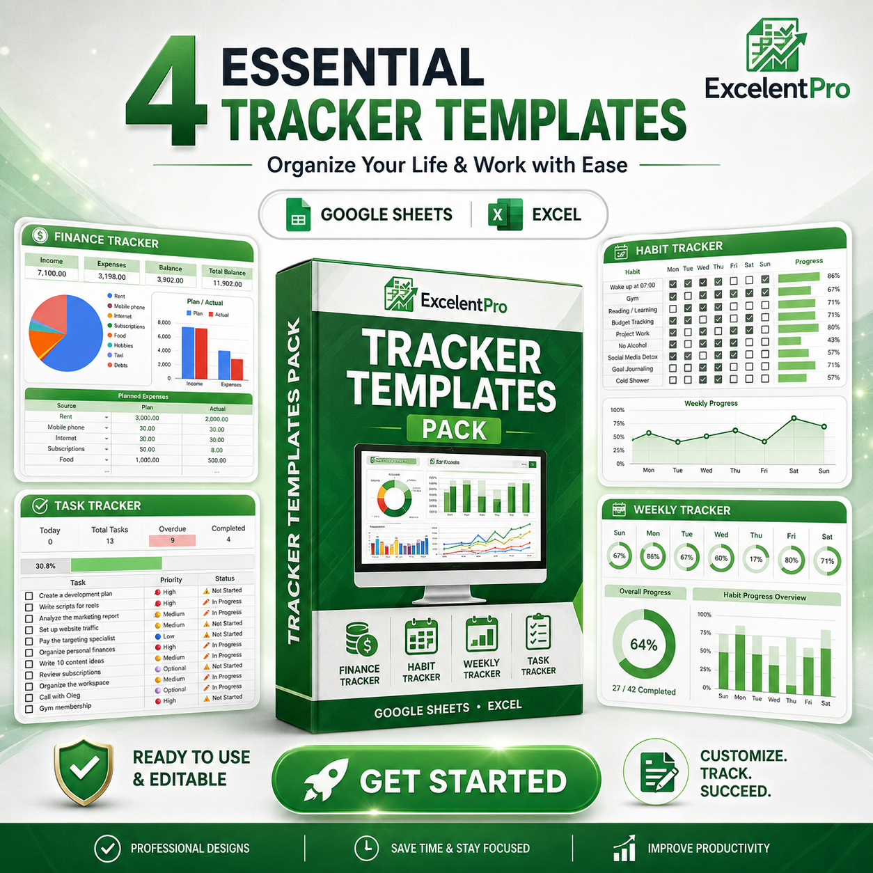 ExcelentPro Tracker Pack – 4 Essential Excel & Google Sheets Templates